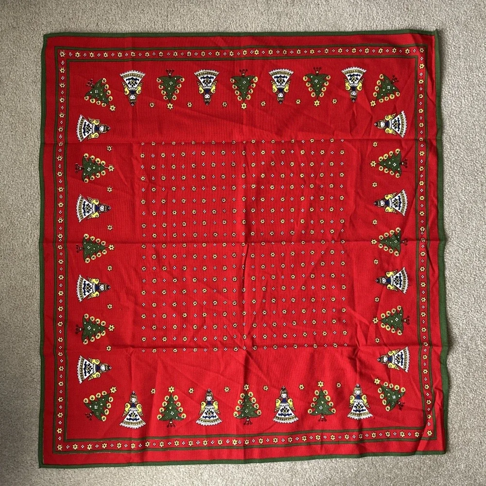 Vintage KOLF Austria Christmas Cotton Angels Trees Small Table Cloth 33x31